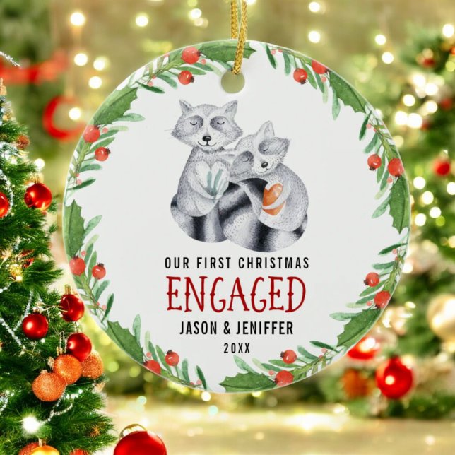 Cute Raccoon First Christmas Engaged Couple Ceramic Ornament (Creator Uploaded)