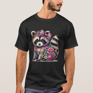 Cute Raccoon Flower Graphic Tee Coquette Bow Flora