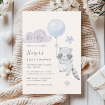 Cute Raccoon Flying Balloon Boy Baby Shower