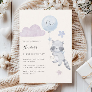 Cute Raccoon Flying Balloon Boy First Birthday  Invitation