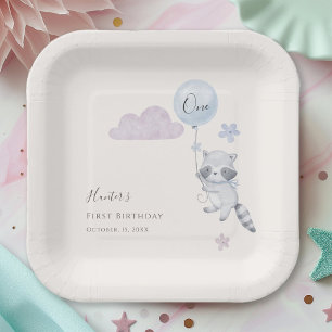 Cute Raccoon Flying Balloon Boy First Birthday Paper Plate