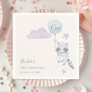 Cute Raccoon Flying Balloon First Birthday Napkin