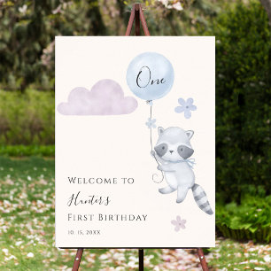 Cute Raccoon Flying Balloon First Birthday Welcome Poster