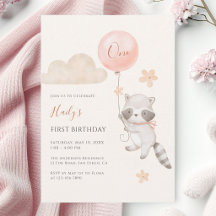 Cute Raccoon Flying Balloon Girl First Birthday