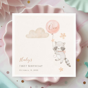 Cute Raccoon Flying Balloon Girl First Birthday Napkin