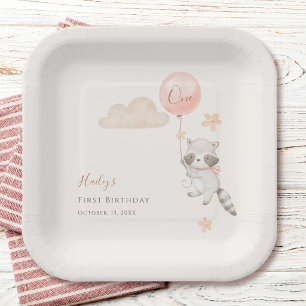Cute Raccoon Flying Balloon Girl First Birthday  Paper Plate