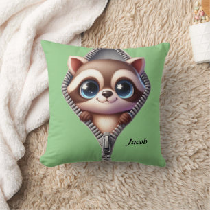Cute Raccoon Green Kids Throw Pillow