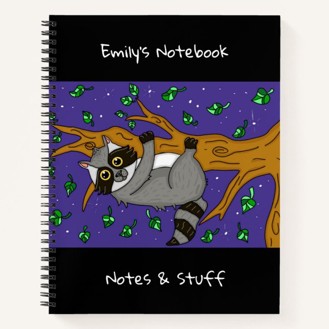 Cute Raccoon Hanging from Branch on Starry Night Notebook (Front)