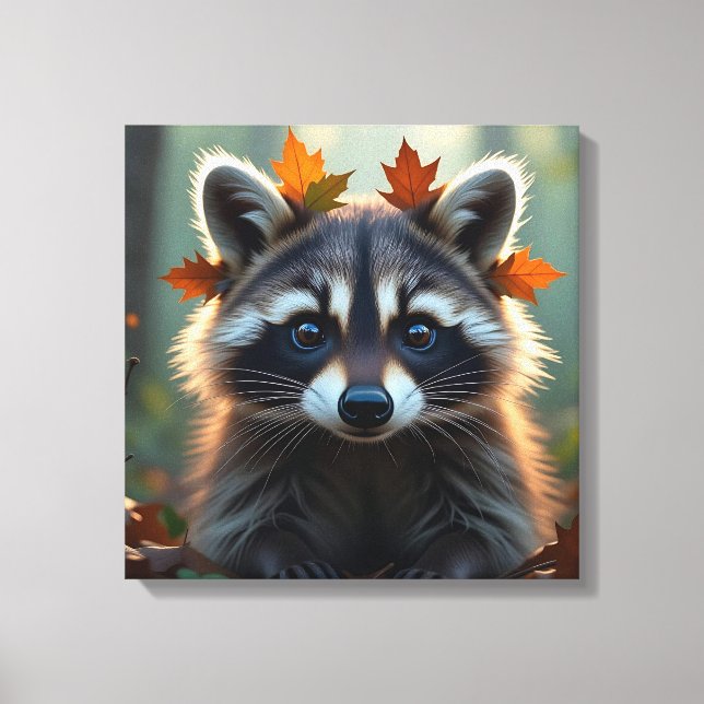 Cute Raccoon in Fall Leaves   Canvas Print (Front)