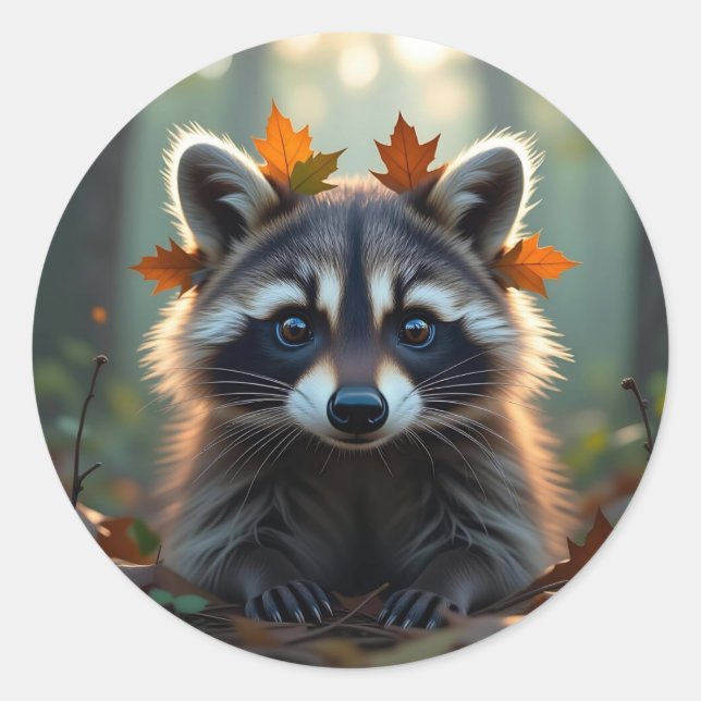 Cute Raccoon in Fall Leaves Classic Round Sticker (Front)