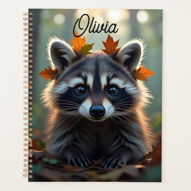 Cute Raccoon in Fall Leaves Personalized Planner (Front)