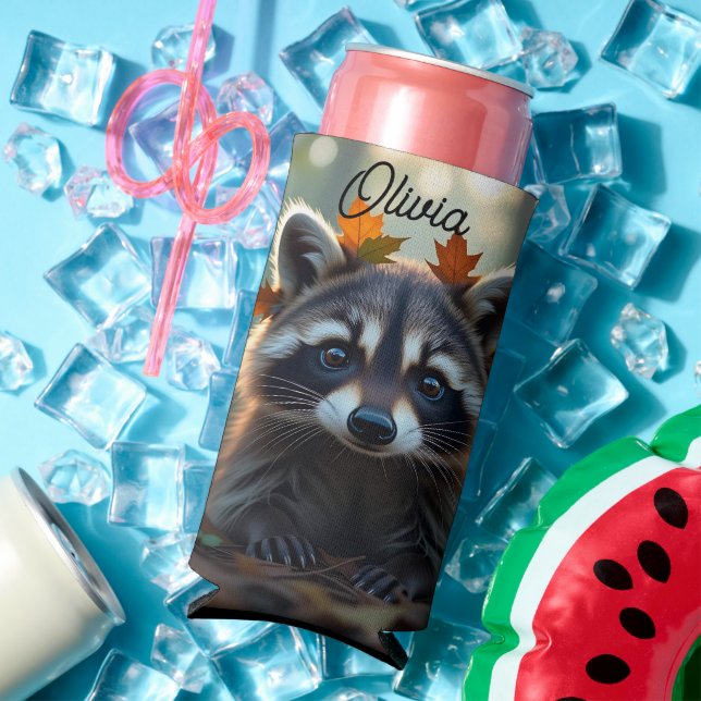 Cute Raccoon in Fall Leaves Personalized Seltzer Can Cooler (In Situ Summer)