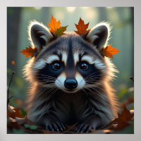Cute Raccoon in Fall Leaves  