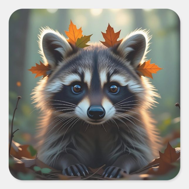Cute Raccoon in Fall Leaves Square Sticker (Front)
