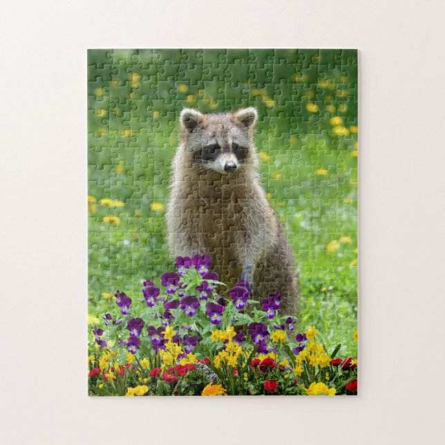Cute Raccoon in Flower Garden Wildlife Jigsaw Puzzle (Vertical)