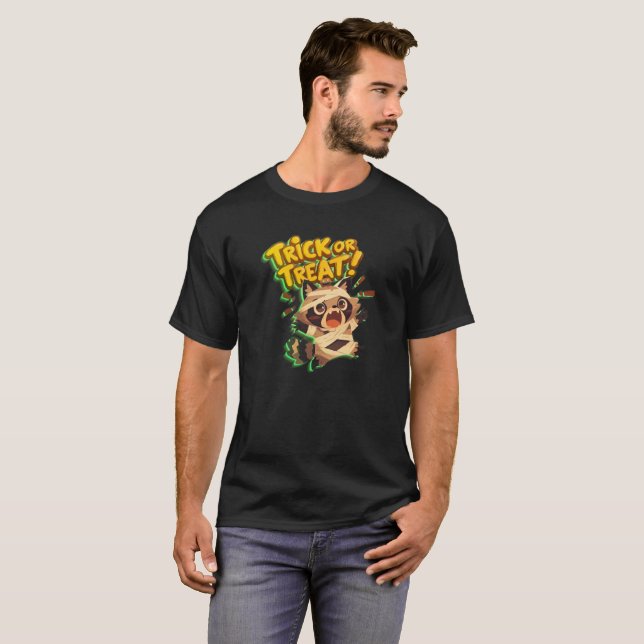 Cute raccoon in mummy costume with Trick or Treat  T-Shirt (Front Full)