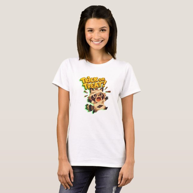 Cute raccoon in mummy costume with Trick or Treat  T-Shirt (Front Full)