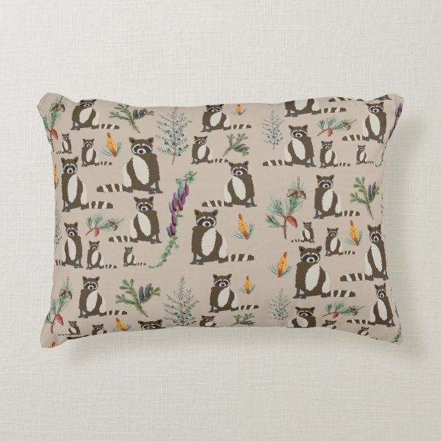 Cute Raccoon in Pine Forest Pattern  Accent Pillow (Front)