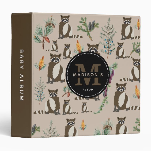 Cute Raccoon in Pine Forest Pattern Baby Album Binder (Front/Spine)