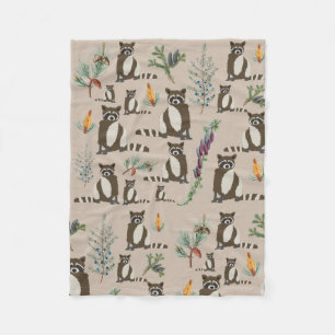 Cute Raccoon in Pine Forest Pattern  Fleece Blanket