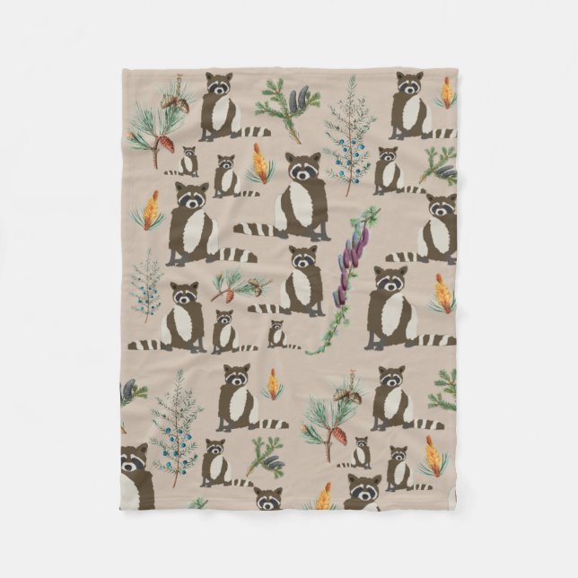 Cute Raccoon in Pine Forest Pattern  Fleece Blanket (Front)