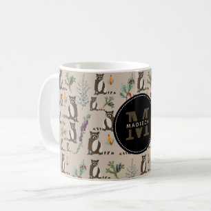 Cute Raccoon in Pine Forest Pattern Monogram Coffee Mug