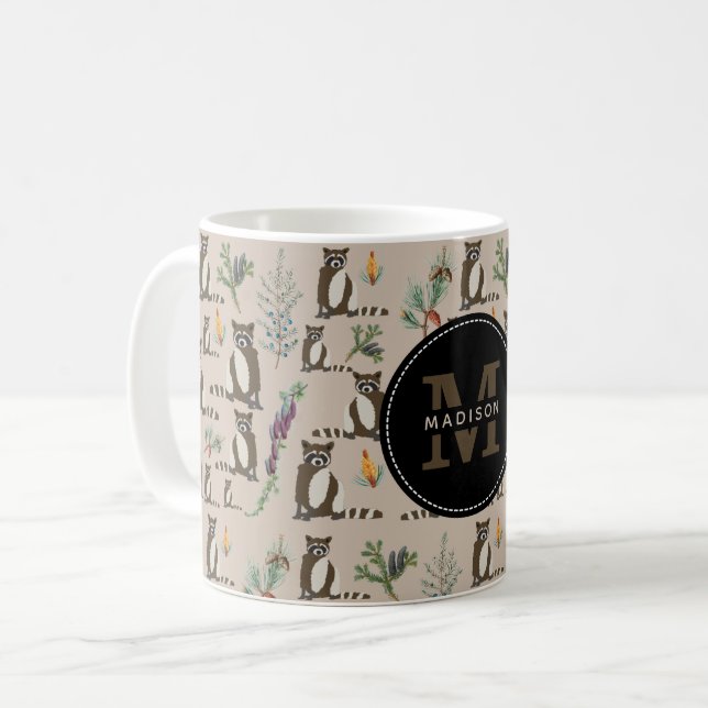 Cute Raccoon in Pine Forest Pattern Monogram Coffee Mug (Front Left)