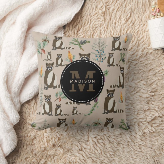 Cute Raccoon in Pine Forest Pattern Monogram Throw Pillow (Blanket)