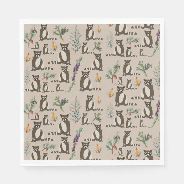 Cute Raccoon in Pine Forest Pattern Napkin (Front)