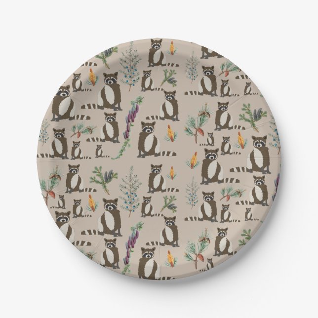 Cute Raccoon in Pine Forest Pattern  Paper Plate (Front)
