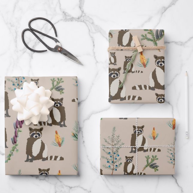 Cute Raccoon in Pine Forest Pattern Wrapping Paper Sheet (Front)