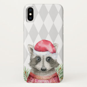 Cute Raccoon in Santa Hat with Harlequin Pattern Case-Mate iPhone Case