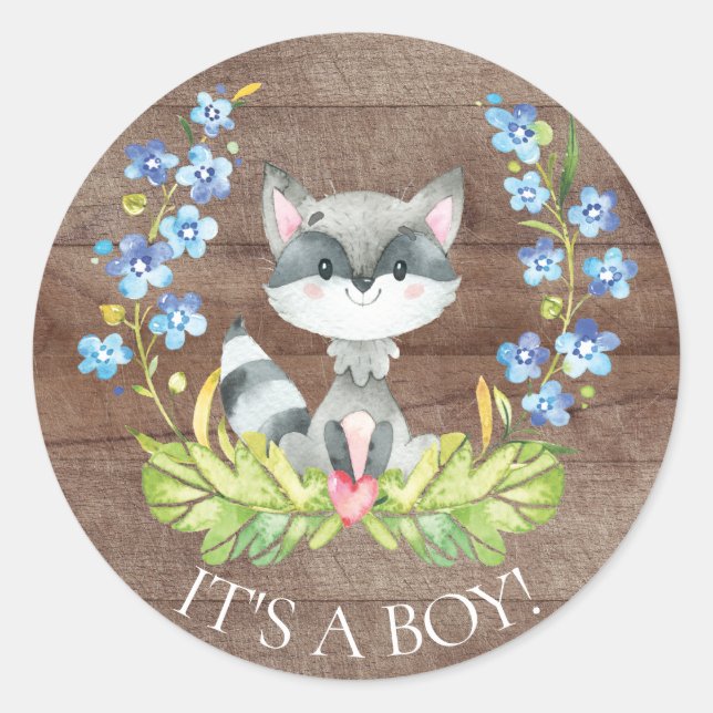 Cute Raccoon It' a Boy Favour Sticker (Front)