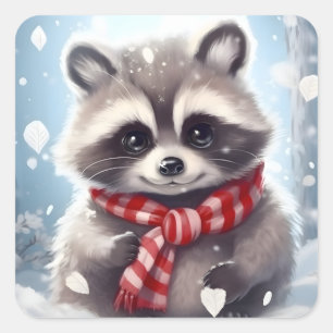 Cute Raccoon Knitted Scarf Square Sticker