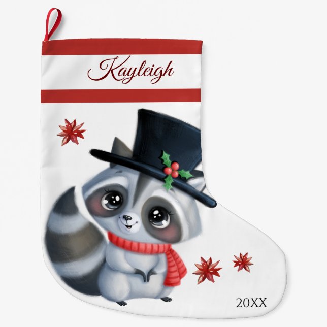 Cute Raccoon Large Christmas Stocking (Front)