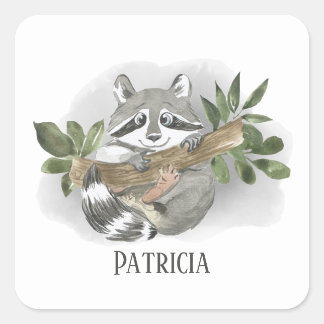 cute raccoon lover add name  square sticker (Front)