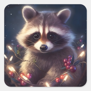 Cute Raccoon Merry Christmas lights Square Sticker