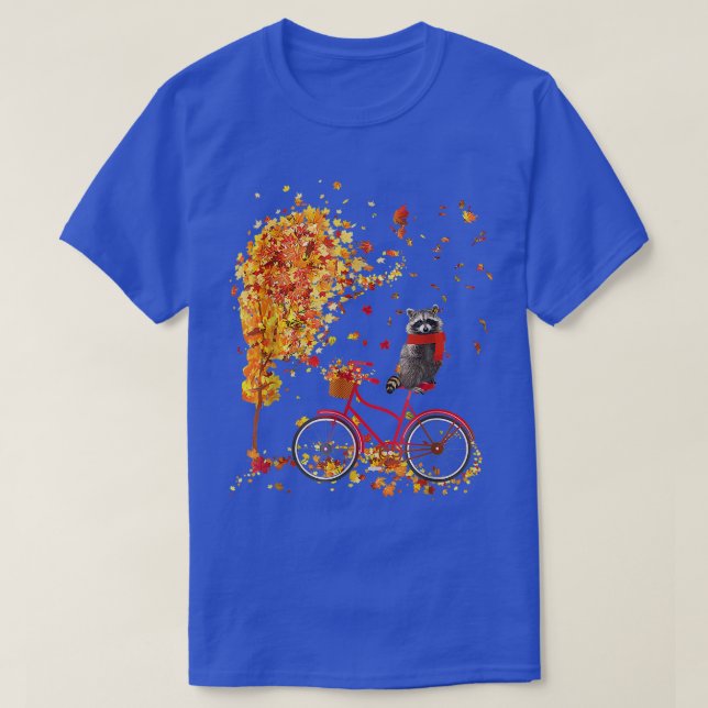 Cute Raccoon On Bicycle In Fall Maple Leaf Autumn  T-Shirt (Design Front)