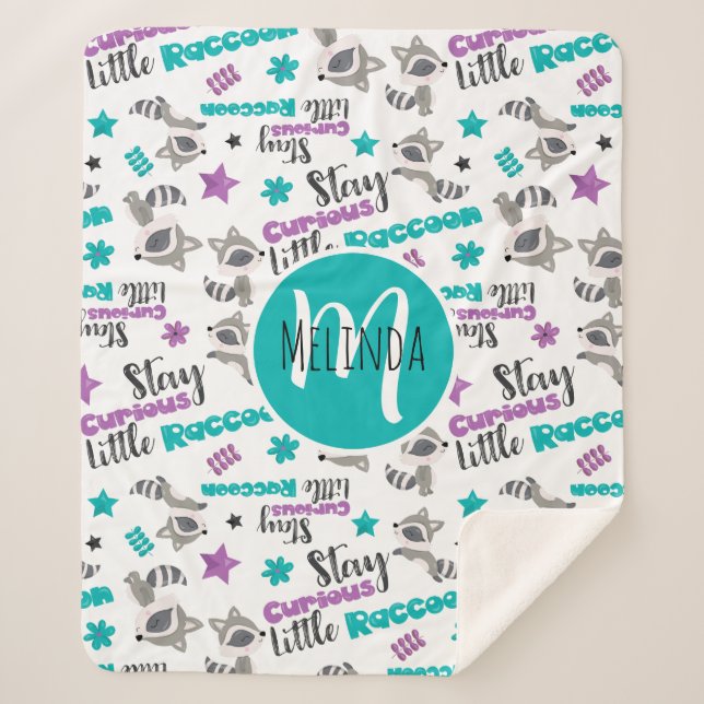 Cute Raccoon Pattern Sherpa Blanket (Front)