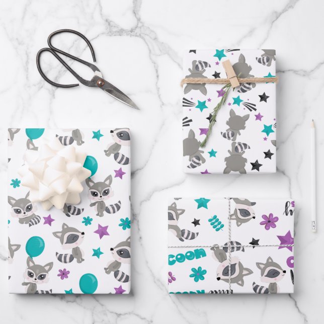 Cute Raccoon Patterns Wrapping Paper Sheet (Front)