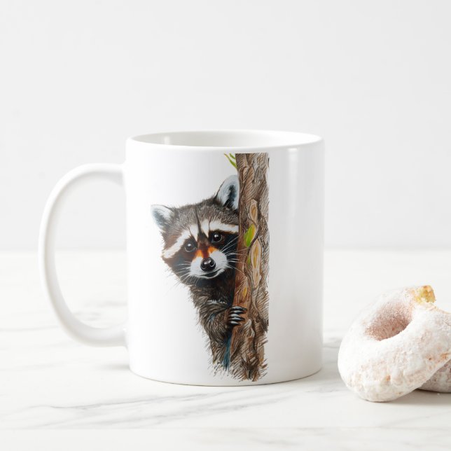Cute Raccoon Peeking Tree Classic Mug (With Donut)