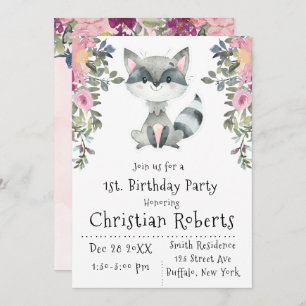 Cute Raccoon Peony Birthday Party Invitations 
