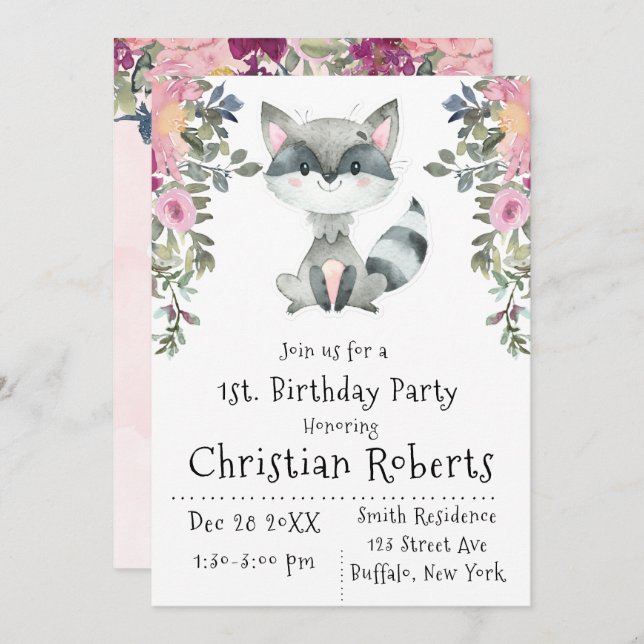 Cute Raccoon Peony Invitations de fête d'anniversa (Devant / Derrière)
