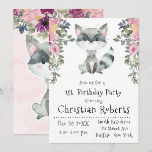 Cute Raccoon Peony Invitations de fête d'anniversa