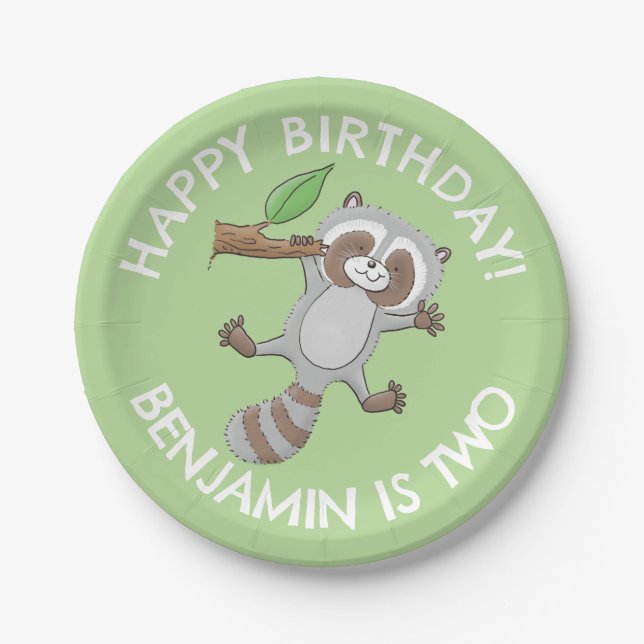 Cute raccoon personalized cartoon birthday paper plate (Front)