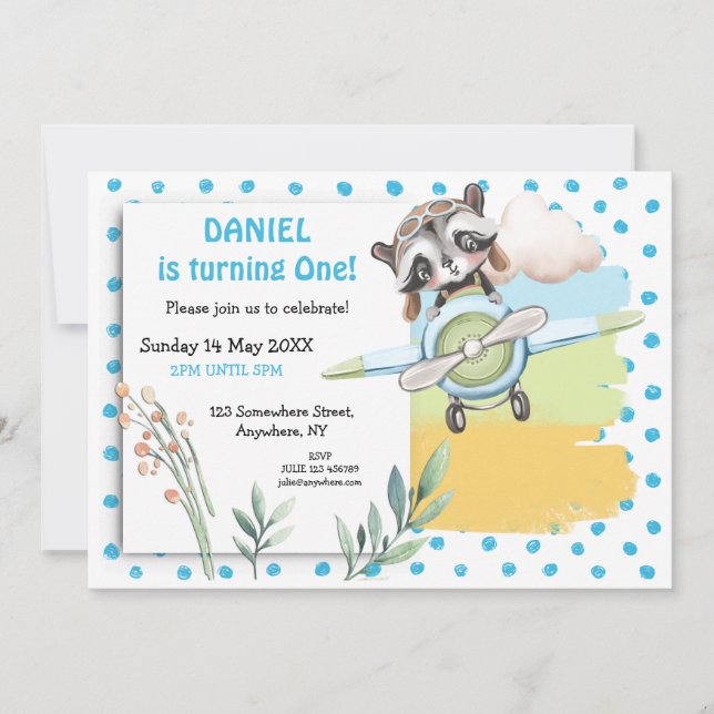 Cute Raccoon Pilot Blue Dots First Birthday Party Invitation (Front)