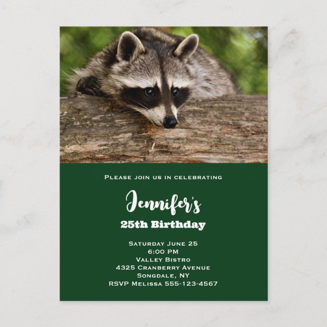 Cute Raccoon Resting on a Log Birthday Invitation Postcard (Front)
