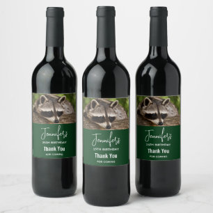 Cute Raccoon Resting on a Log Birthday Wine Label