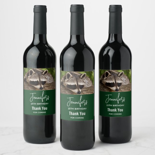 Cute Raccoon Resting on a Log Birthday Wine Label (Bottles)
