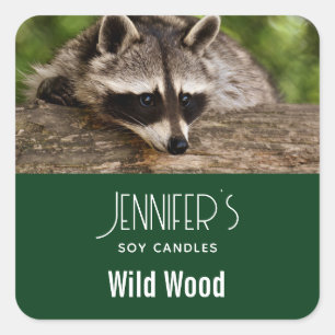 Cute Raccoon Resting on a Log Candle Business Square Sticker